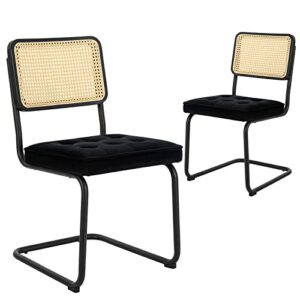 COLAMY Mid Century Modern Dining Chairs Set of 2, Velvet Rattan Dining Room Kitchen Side Chairs with Metal Chrome Legs and Upholstered Seat for Home, Living Room, Bedroom - Black