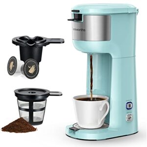 Famiworths Single Serve Coffee Maker for K Cup and Ground Coffee, 6 to 14 Oz Brew Sizes, Fits Travel Mug, Mini One Cup Coffee Maker with Self-cleaning Function, Cyan