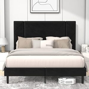 Flolinda King Size Bed Frame, Upholstered Frame with Tall Tufted Velvet Headboard, Heavy Duty Metal Mattress Foundation Wooden Slats, No Box Spring Needed, Easy Assembly Black