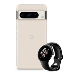 Google Pixel 8 Pro - Unlocked Android Smartphone - Porcelain - 128 GB with Pixel Watch 2 - Matte Black Aluminum Case - Obsidian Active Band - Wi-Fi