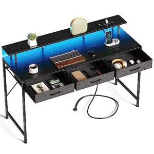 Huuger 55 inch Computer Desk with 3 Drawers, Office Desk Gaming Desk with LED Lights & Power Outlets, Home Office Desks with Storage Space for Bedroom, Work from Home, Black
