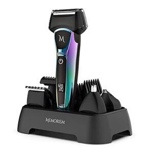 Memorism Multifunction Men’s Grooming Kit - Foil Shaver 4-Attachment Body Hair, Nose, Beard Trimmer with Adjustable Guard Heights - Rechargeable with LED Display Blizz GS5 (Purple-Green Gradient)