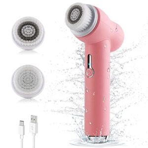 NEWDERMO Skin Revitalizing Facial Cleansing Brush - Face Spin Rotating Scrubber 2 Brush Heads, 3 Modes for Face Gentle Exfoliation and Deep Scrubbing Holiday Day Gifts Set (Pink)