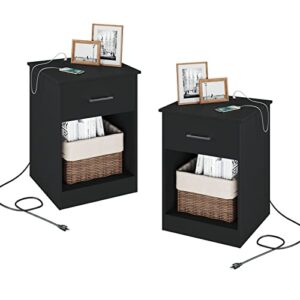 Reettic Set of 2 Nightstand with Charging Station and USB Ports & Power Outlets, Wooden End Table with Drawer and Opening Shelf, Side Table for Bedroom, Black RCTG101BE02