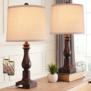 RORIA Set of 2 Touch Control Vintage Table Lamps, 3-Way Dimmable Nightstand Lamp with 2 USB Ports, Rustic Farmhouse Accent Desk Lamp for Bedroom Living Room, 2 Bulbs Included (Brown)