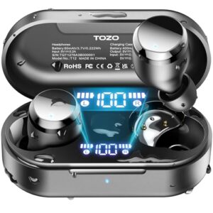TOZO Tonal Dots (T12) Wireless Earbuds Bluetooth 5.3 Headphones Built-in ENC Noise Cancelling Mic, 55 Hrs Playtime App Customize EQ IPX8 Waterproof LED Digital Display Premium Sound Headset Black