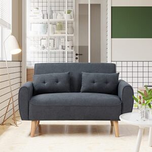 Vongrasig 47" Small Modern Loveseat Sofa, Mid Century Linen Fabric 2-Seat Couch Tufted Love Seat with Back Cushions and Tapered Wood Legs for Living Room, Bedroom and Small Space (Dark Gray)