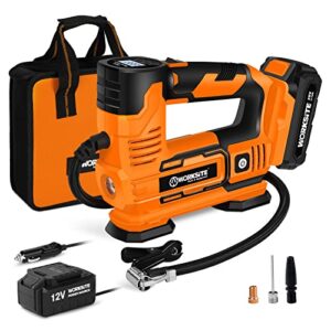 WORKSITE Tire Inflator Air Compressor Portable, 20V Cordless Tire Pump 150 PSI with Digital Pressure Gauge, Rechargeable Li-ion Battery and 12V Car Power Adapter Orange