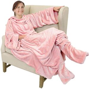 Catalonia Wearable Fleece Blanket with Sleeves and Foot Pockets for Adult Women Men, Micro Plush Comfy Wrap Sleeved Throw Blanket Robe Large, Pink