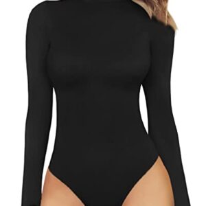 MANGOPOP Women's Mock Turtle Neck Long Sleeve Tops Bodysuit Jumpsuit (A Long Sleeve Black, Medium)