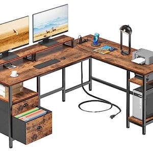 Furologee 66” L Shaped Desk with Power Outlet, Reversible Computer Desk with File Drawer & 2 Monitor Stands, Home Office Desk with Storage Shelves, Corner Desk for Gaming Writing, Rustic Brown