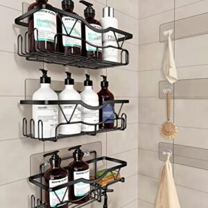 longzon Shower Caddy with 6 Traceless Adhesive, 3 Pack Shower Organizer, No Drilling Stainless Steel Shower Shelf, for Bathroom Suction Cup Storage Rack Shelves Black