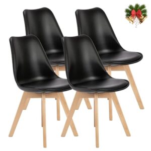 OLIXIS Dining Chairs Set of 4, Mid-Century Modern Dining Chairs with Wood Legs and PU Leather Cushion, Kitchen Chairs for Living Room Bedroom Outdoor Lounge, Black