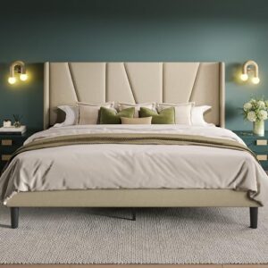 Allewie Queen Size Platform Bed Frame with Geometric Wingback Headboard, Modern Upholstered Bed with Wooden Slats Support, No Box Spring Needed, Easy Assembly, Beige