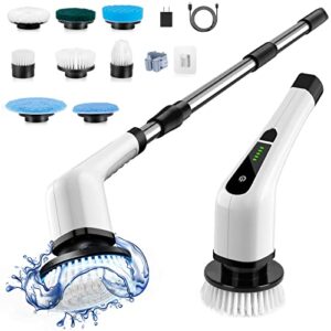 Cordless Electric Spin Scrubber,Cleaning Brush Scrubber for Home, 400RPM/Mins-8 Replaceable Brush Heads-90Mins Work Time,3 Adjustable Size,2 Adjustable Speeds for Bathroom Shower Bathtub Glass Car