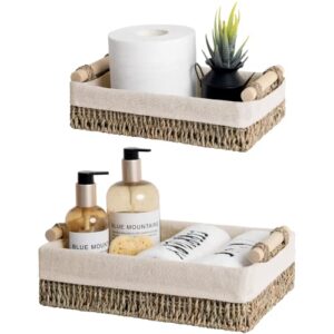 StorageWorks Small Seagrass Baskets for Organizing, Wicker Basket for Organizer, Storage Baskets with Wooden Handles and Natural Fiber Liner, Set of 2