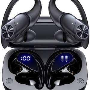 Bluetooth Headphones Wireless Earbuds 80hrs Playtime Wireless Charging Case Digital Display Sports Ear buds with Earhook Premium Deep Bass IPX7 Waterproof Over-Ear Earphones for TV Phone Laptop Black