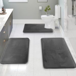 Clara Clark Bathroom Rugs, Velvet Memory Foam Bath Mat - Non-Slip Bath Rugs, Machine Wash, Dries Quickly - Ultra Soft Bath Mats for Bathroom, 3 Piece Gray Bathroom Rug Set