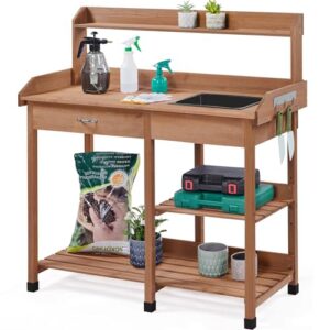 Yaheetech Potting Bench Outdoor Garden Work Bench Station Planting Solid Wood Construction for Horticulture w/Sink Drawer Rack Shelves Brown