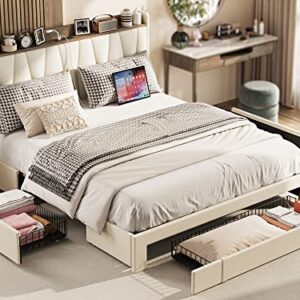 ANCTOR Queen Bed Frame with 3 Drawers, Upholstered Platform Bed with Storage Headboard and Charging Station, No Box Spring Needed, Easy Assembly, Beige