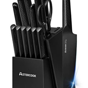 Astercook Knife Set, 15 Pieces Chef Kitchen Knife Set with Block, Built-in Knife Sharpener, German Stainless Steel Handle One-Piece Design Knife Block Set, Dishwasher Safe, Elegant Black