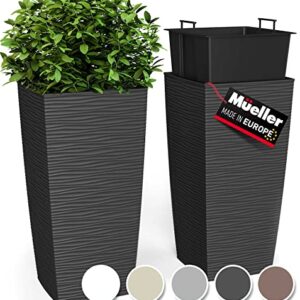 Mueller M-Resin Heavy Duty Tall Planter, Indoor/Outdoor Grande Plant, Tree, Flower Pot, 2-Piece Set, 27.5”, Modern Design, Built-in Drainage, Dark Grey