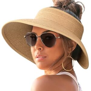 FURTALK Sun Visor Hats for Women Wide Brim Straw Roll-Up Ponytail Summer Beach Hat UV UPF Packable Foldable Travel Khaki