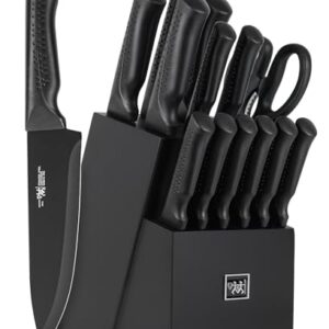 Hundop knife set, 15 Pcs Black knife sets for kitchen with block Self Sharpening, Dishwasher Safe, 6 Steak Knives, Anti-slip handle