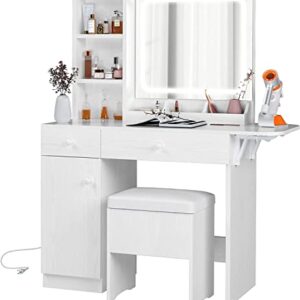 IRONCK Vanity Desk with LED Lighted Mirror & Power Outlet, Makeup Table with Drawers & Cabinet,Storage Stool,for Bedroom, White