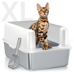 WoofiGo Stainless Steel Cat Litter Box with Lid, XL Metal Litter Box for Big Cats, Extra Large Litter Box with High Sides, Never Absorbs Odors, Non-Sticky, Easy Clean, Anti-Urine Leakage, with Scoop