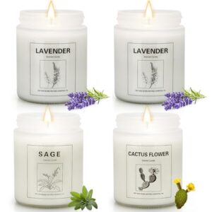4 Pack Soy Aromatherapy Candles, Candles for Home Scented, 7.1 oz White Jar Candle Gifts Set, Over 50 Hours of Burn Time - Lavender/Lavender/Sage/Cactus Blossom - Holiday Gifts for All
