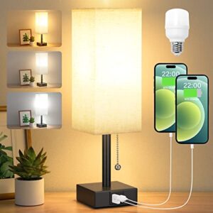 Bedside Table Lamp with 3 Color Temperatures - 3000/4000/5000K Small Lamp with USB C+A Ports, Nightstand Lamp with 3 Color Modes by Pull Chain, Bedroom Lamp for Living Read Work(LED Bulb Included)