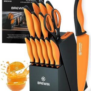 Brewin Knife Set, 15-Piece Kitchen Knife Set with Block, German Stainless Steel Sharp Knives Set for Kitchen with Built-in Sharpener, Ergonomic TPR Anti-Slip Handle