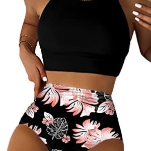 Herseas Women's Black Bikini Sets High Round Neck Tropical Leaf Print High Waisted Two Pieces Swimsuits Crop Padded Top Modest Bottom Bathing Suits Medium
