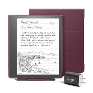 Kindle Scribe Essentials Bundle including Kindle Scribe (32 GB), Premium Pen, Leather Folio Cover with Magnetic Attach - Burgundy, and Power Adapter
