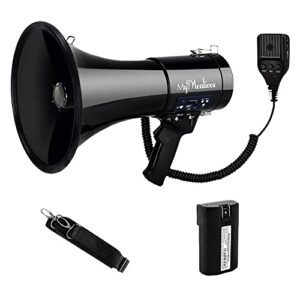 MyMealivos Megaphone with Siren Bullhorn 50 Watt Bullhorn Speaker with Detachable Microphone, Portable Lightweight Strap & 3.5mm Aux Input (Ink+Battery)