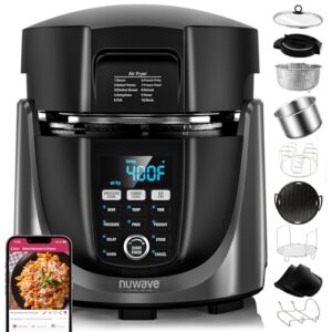 Nuwave Duet Air Fryer, Electric Pressure Cooker & Grill Combo, 540 IN 1 Multicooker with 3 Removable Lids that Slow Cook, Sears, Sautés, 18/10 SS Pot, Sure-Lock Safety Tech & 10 Deluxe Accessories