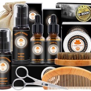 XIKEZAN Upgraded Beard Grooming Kit w/Beard Conditioner,Beard Oil,Beard Balm,Beard Brush,Beard Wash,Beard Comb,Beard Scissor,Bag,E-Book,Beard Care Daddy Gifts for Men Him Dad Husband Boyfriend