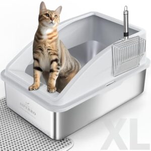 AIPERRO Enclosed Stainless Steel Cat Litter Box with Lid | XL Extra Large Litter Box for Big Cats | Metal Litter Box High Sided | Anti-Urine Leakage, Include Cat Mat and All-Metal Litter Scoop