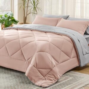 Bedsure Blush Pink Full Size Comforter Set - 7 Pieces Reversible Full Bed in a Bag, Full Bed Set with Comforters, Sheets, Pillowcases & Shams, Peach Pink Full Bedding Sets