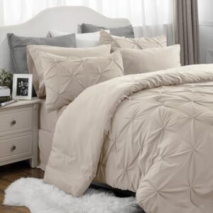 Bedsure King Size Comforter Set - Bedding Set King 7 Pieces, Pintuck Bed in a Bag Beige Bed Set with Comforter, Sheets, Pillowcases & Shams