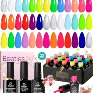 beetles Gel Polish Set 23Pcs Summer Neon Gel Nail Polish Kit with 3Pcs Base Gel Top Coat, Orange Blue Hot Pink Magenta Lemon Green Colors Summer Nail Gel Polish Soak Off UV Manicure Rainbow Nail Art