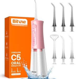 Bitvae Water Flosser Teeth Picks, Cordless Portable Oral Irrigator, Powerful and Rechargeable Water Flosser for Teeth, Brace Care, IPX7 Waterproof Water Dental Picks for Cleaning, Quartz Pink