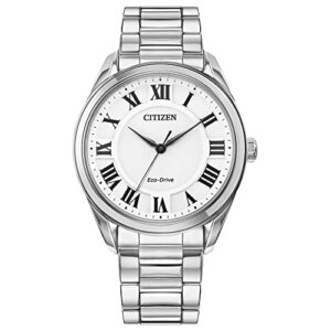 Citizen Eco-Drive Classic Arezzo Stainless Steel Watch with 3-Hand Date, Sapphire Crystal and Roman Numeral Markers, Silver, 35mm (Model: EM0970-53A)