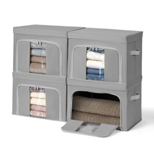 DIMJ Clothes Storage Boxes with Lids - Closet Organizers and Storage Box with Metal Frame Storage Bins with Lids for Clothes, Storage Cubes with Clear Window for Clothes, Towel, 4 Packs, Dark Grey.