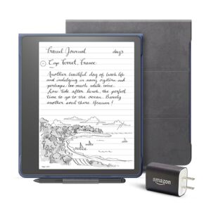 Kindle Scribe Essentials Bundle including Kindle Scribe (64 GB), Premium Pen, Brush Print Leather Folio Cover with Magnetic Attach - Storm Grey, and Power Adapter