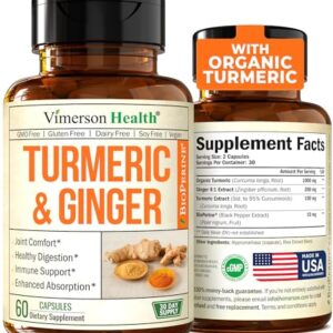 Tumeric and Ginger with Black Pepper - Natural Turmeric Curcumin Joint Support Supplement with Bioperine & 95% Curcuminoids. High Absorption Curcumin Supplements. Digestive & Immune Support. 60 Caps