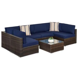 Best Choice Products 7-Piece Modular Outdoor Sectional Wicker Patio Conversation Set w/ 2 Pillows, Coffee Table, Cover Included - Brown/Navy