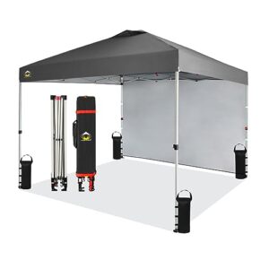 CROWN SHADES Canopy Tent, 10 x 10 Foot Portable Pop Up Outdoor Shelter with 1 Sidewall, Easy 1 Push Center Lock, UV Protection, and Carry Bag, Grey