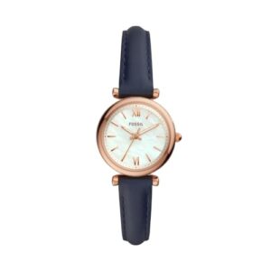 Fossil Women's Carlie Mini Quartz Stainless Steel and Leather Three-Hand Watch, Color: Rose Gold, Navy (Model: ES4502)